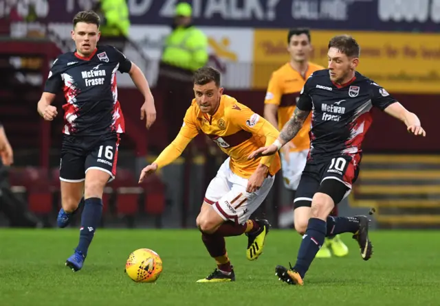 Motherwell's Elliott Frear holds off Ross County's Declan McManus (right)