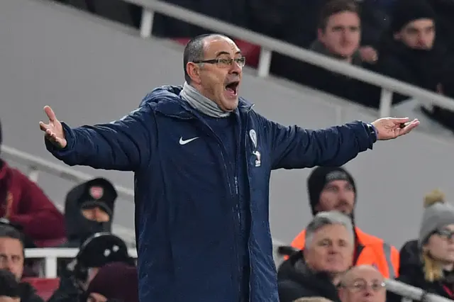 Chelsea"s Italian head coach Maurizio Sarri gestures on the touchline