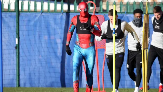 Jamie Vardy dresses as Spiderman at Leicester training