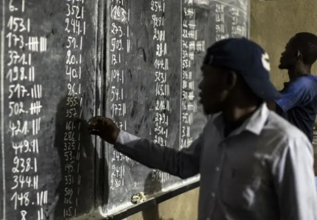 Election workers count votes at a polling station in Kinshasa, Democratic Republic of the Congo, after general elections, 30 December 2018.