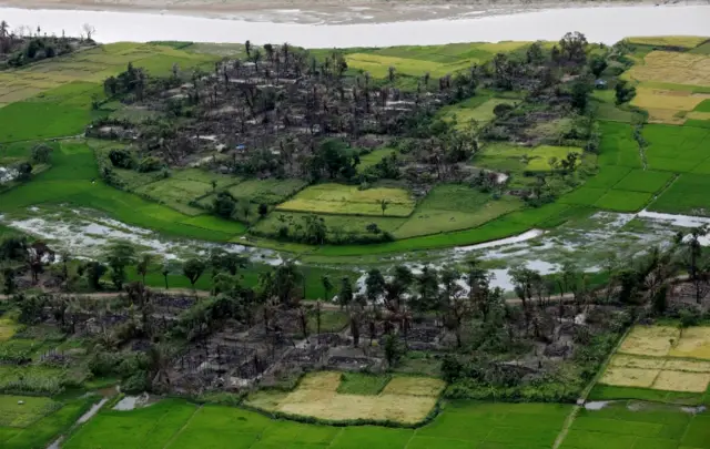 Aerial view of a burned Rohingya village near Maungdaw, north of Rakhine State, Myanmar