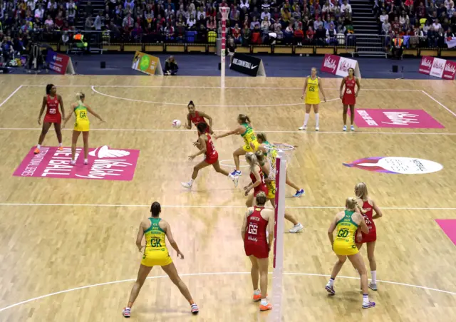 A general view of the England Vitality Roses playing the Australian Diamonds during the Vitality Netball International Series match at The Copper Box