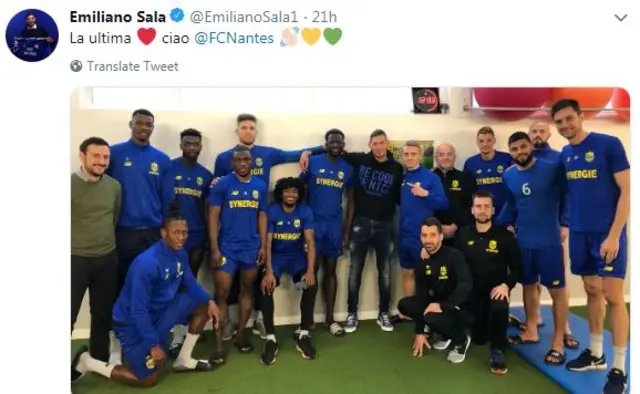 Tweet of Emiliano Sala saying goodbye to his Nantes team-mates