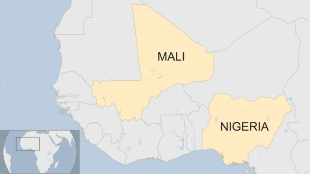 A map showing Mali in relation to Nigeria