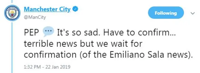 Man City tweet with Pep Guardiola saying the Emiliano Sala news is 'so sad'