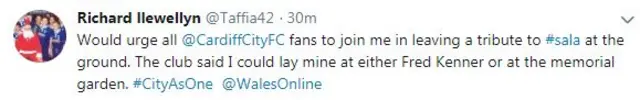 Cardiff fan's tweet urging people to leave tributes for Emiliano Sala