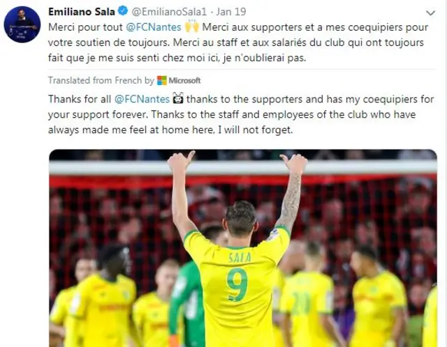 Emiliano Sala tweet, thanking everyone at Nantes for their support