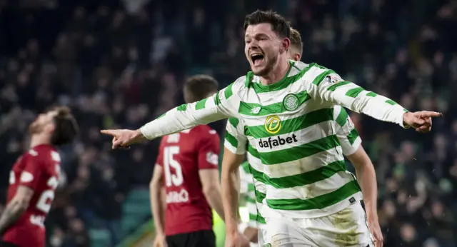 Oliver Burke celebrates his first goal for Celtic