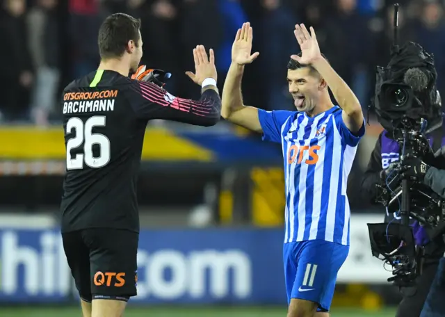 Daniel Bachmann and Jordan Jones celebrate a fine win for Kilmarnock