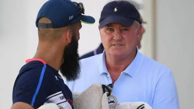 Steve Bruce chats to England all-rounder Moeen Ali in Barbados