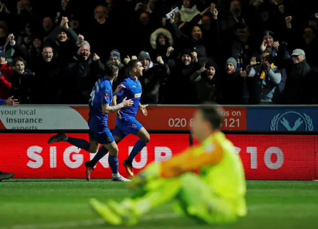 AFC Wimbledon's Kwesi Appiah celebrates scoring their first goal