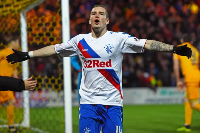 Ryan Kent celebrates after cracking home Rangers' second goal