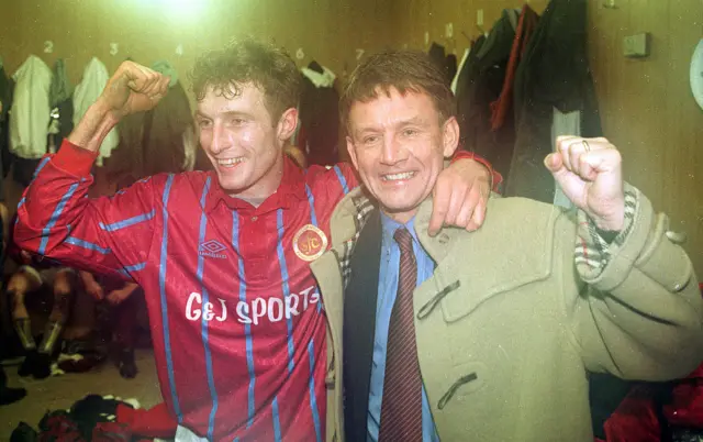 Scorer Tommy Steel with manager Terry Christie