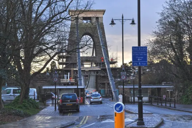 Cars queue to cross Clifton Suspension Bridge