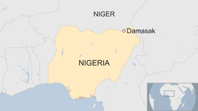 A map showing the location of Nigeria's Damasak area, which borders Niger.