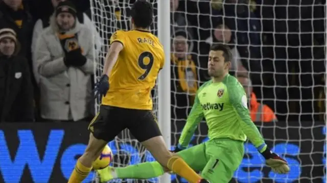 Raul Jimenez scoring for Wolves