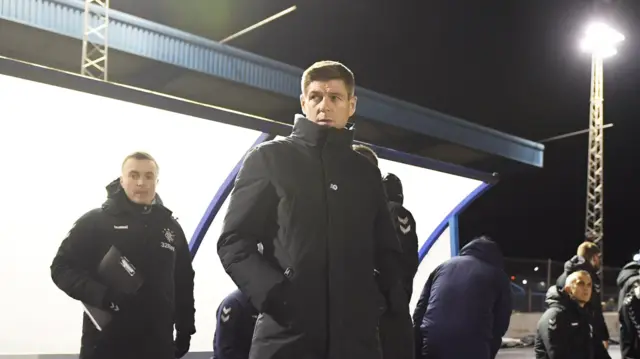 Steven Gerrard in Rangers' dugout at Central Park