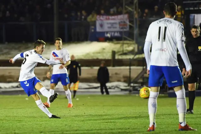 Andy Halliday cracks in the opening goal of the evening at Central Park