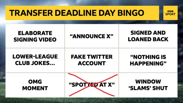 Transfer deadline day bingo card