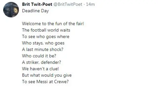 Tweet with a deadline day poem