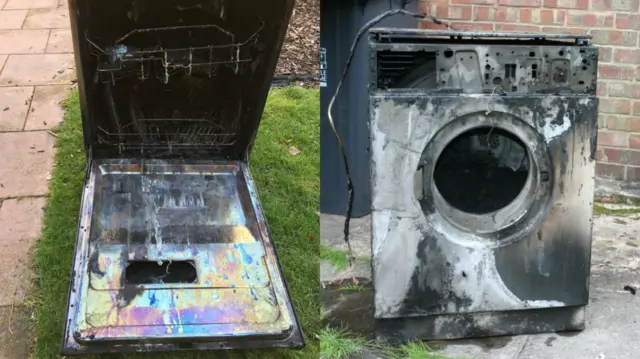 A dishwasher and a washing machine both damaged by fire