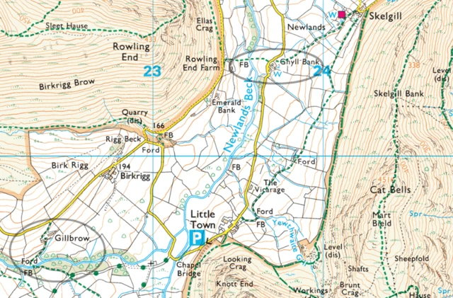 Map of Newlands valley showing both bridges