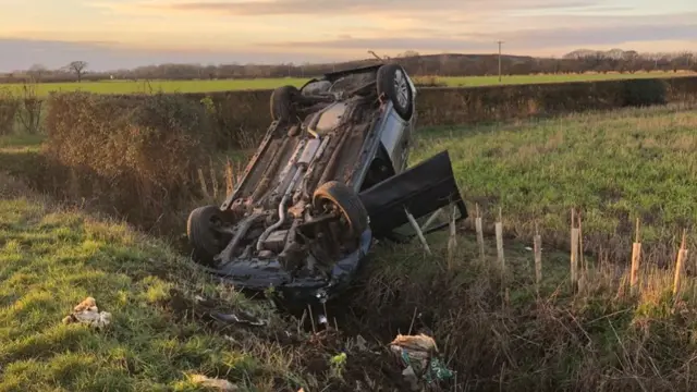 A car which crashed into a ditch near York