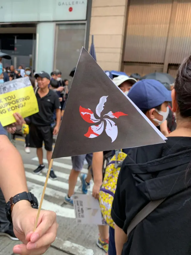 Black flag showing Bauhinia flower covered in blood