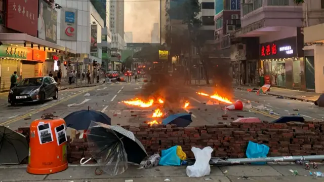 A burning barricade in Hong Kong