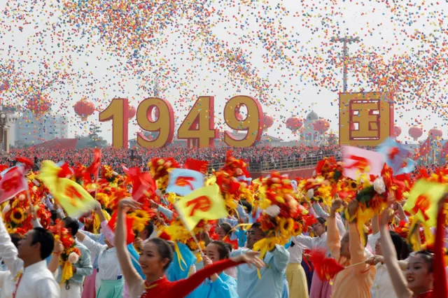 Balloons over performers in Tiananmen Square