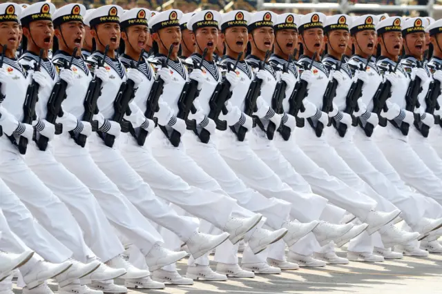 Troops marching in perfect formation