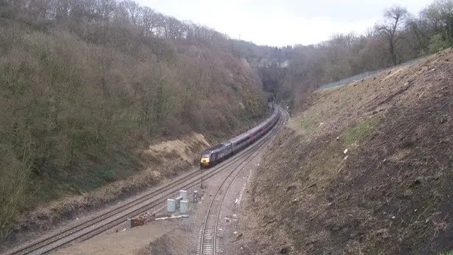 A train on the approach to the tunnel