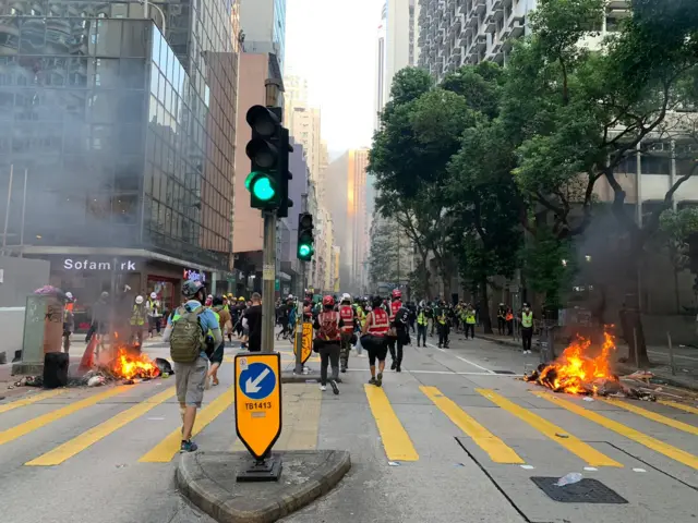 Fires in the streets of Hong Kong