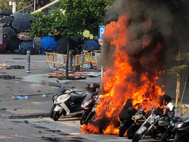 Motorcycles on fire in Wong Tai Sin, Hong Kong