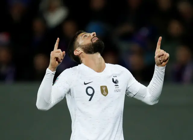 France's Olivier Giroud celebrates scoring their first goal