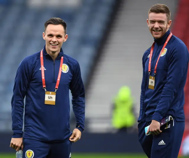 Scotland's Lawrence Shankland and Stuart Findlay share a joke