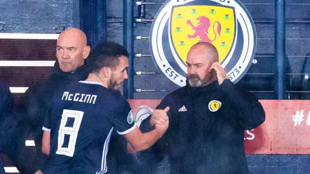 John McGinn shakes hands with Scotland head coach Steve Clarke