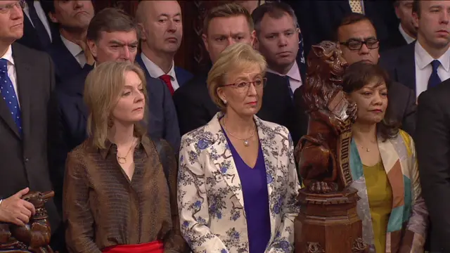 Tory ministers Liz Truss (l), and Andrea Leadsom (c) watch alongside Labour's shadow Commons leader Valerie Vaz