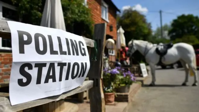 A horse next to a polling station sign