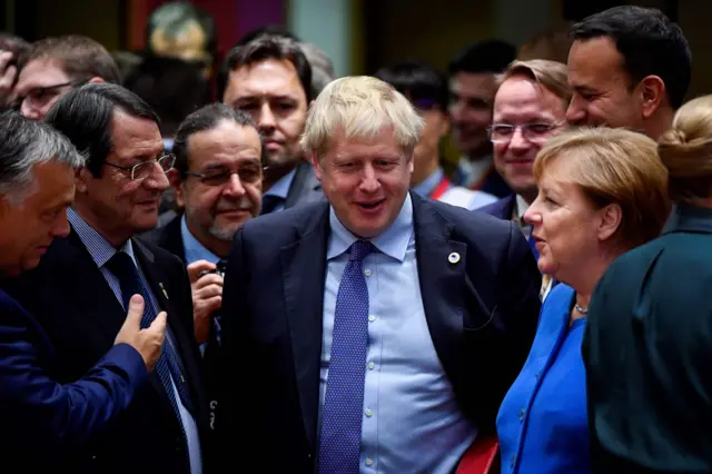 Hungary's Prime Minister Viktor Orban, Cyprus' President Nicos Anastasiades, Boris Johnson and Germany's Chancellor Angela Merkel