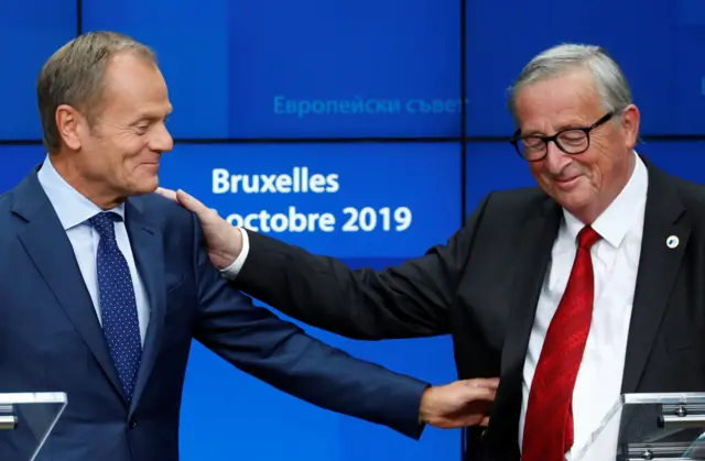 European Commission President Jean-Claude Juncker and European Council President Donald Tusk attend a joint news conference with European Union's chief Brexit negotiator Michel Barnier and Ireland"s Prime Minister (Taoiseach) Leo Varadkar