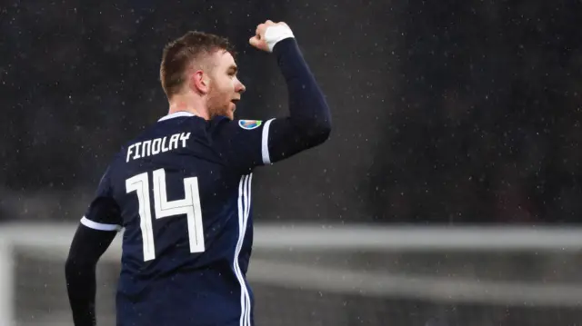 Stuart Findlay celebrates his debut goal for Scotland