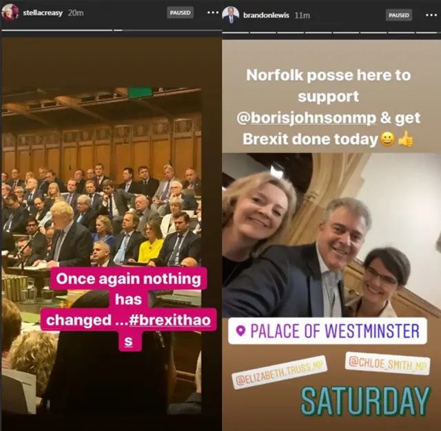 Screenshots of Stella Creasy and Brandon Lewis instagram stories