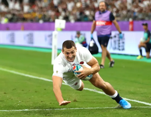 Jonny May of England touches down to score his team"s first try during the Rugby World Cup 2019 Quarter Final match between England and Australia at Oita Stadium