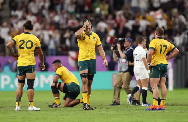 Adam Coleman of Australia looks dejected in defeat after the Rugby World Cup 2019 Quarter Final match between England and Australia at Oita Stadium