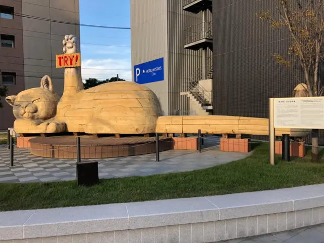 A cat sculpture holding a Try sign