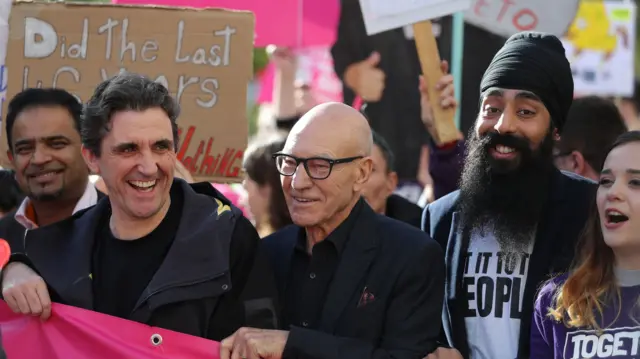 Sir Patrick Stewart (centre) and Stephen McGann (centre left) join protestors in an anti-Brexit, Let Us Be Heard march