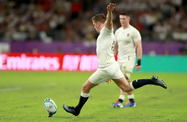 Owen Farrell of England kicks a penalty during the Rugby World Cup 2019 Quarter Final match between England and Australia at Oita Stadium