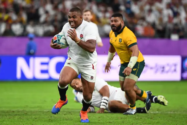 Kyle Sinckler runs to score a try during the Japan 2019 Rugby World Cup quarter-final match between England and Australia at the Oita Stadium in Oita