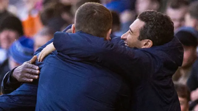 Killie management team celebrate the win